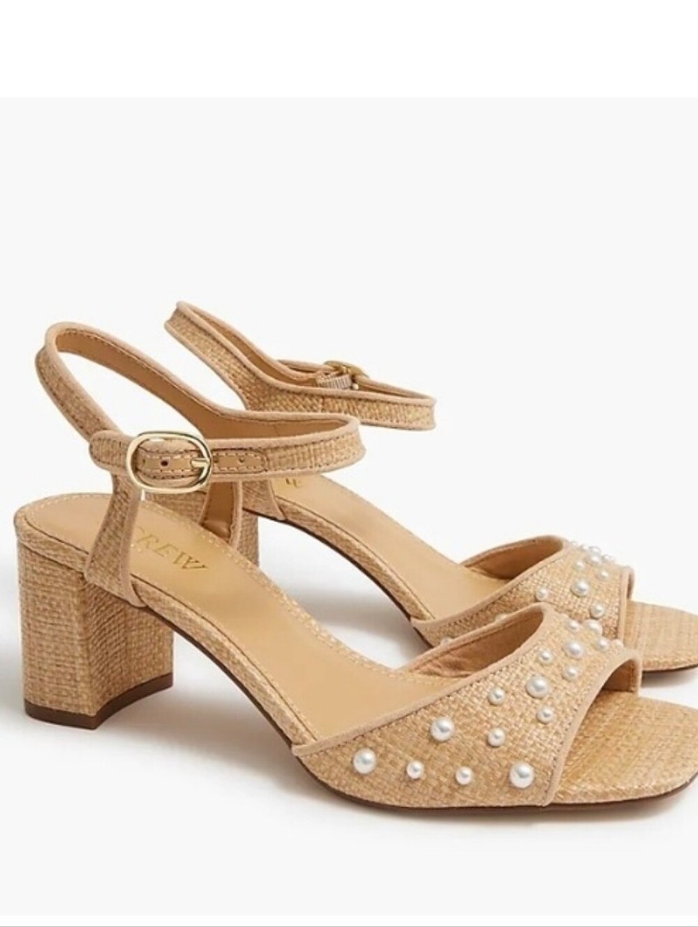 J.Crew Pearl Embellished Woven Straw Raffia Sandals Heels Wedding Guest 8.5